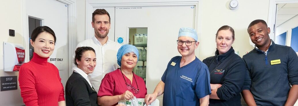 A team of healthcare professionals from University College London Hospitals NHS Foundation Trust (UCLH) demonstrating their initiative to a new programme to improve recycling rates for single-use surgical items at the trust.