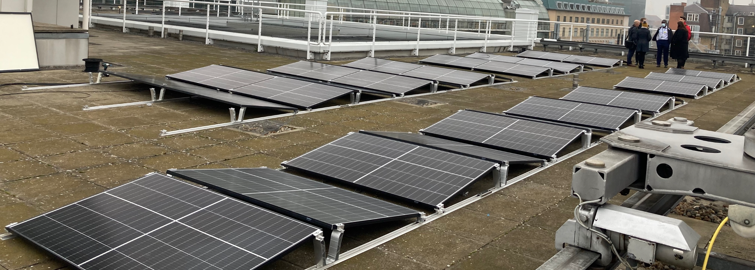 A photo showing 452 solar panels that have been installed on 2 roofs at University College London Hospitals NHS Foundation Trust (UCLH).