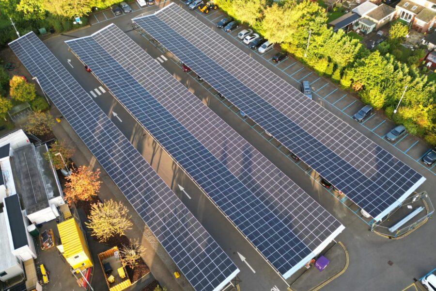 Picture of Wharfedale Hospital car park in Leeds covered by a solar canopy.